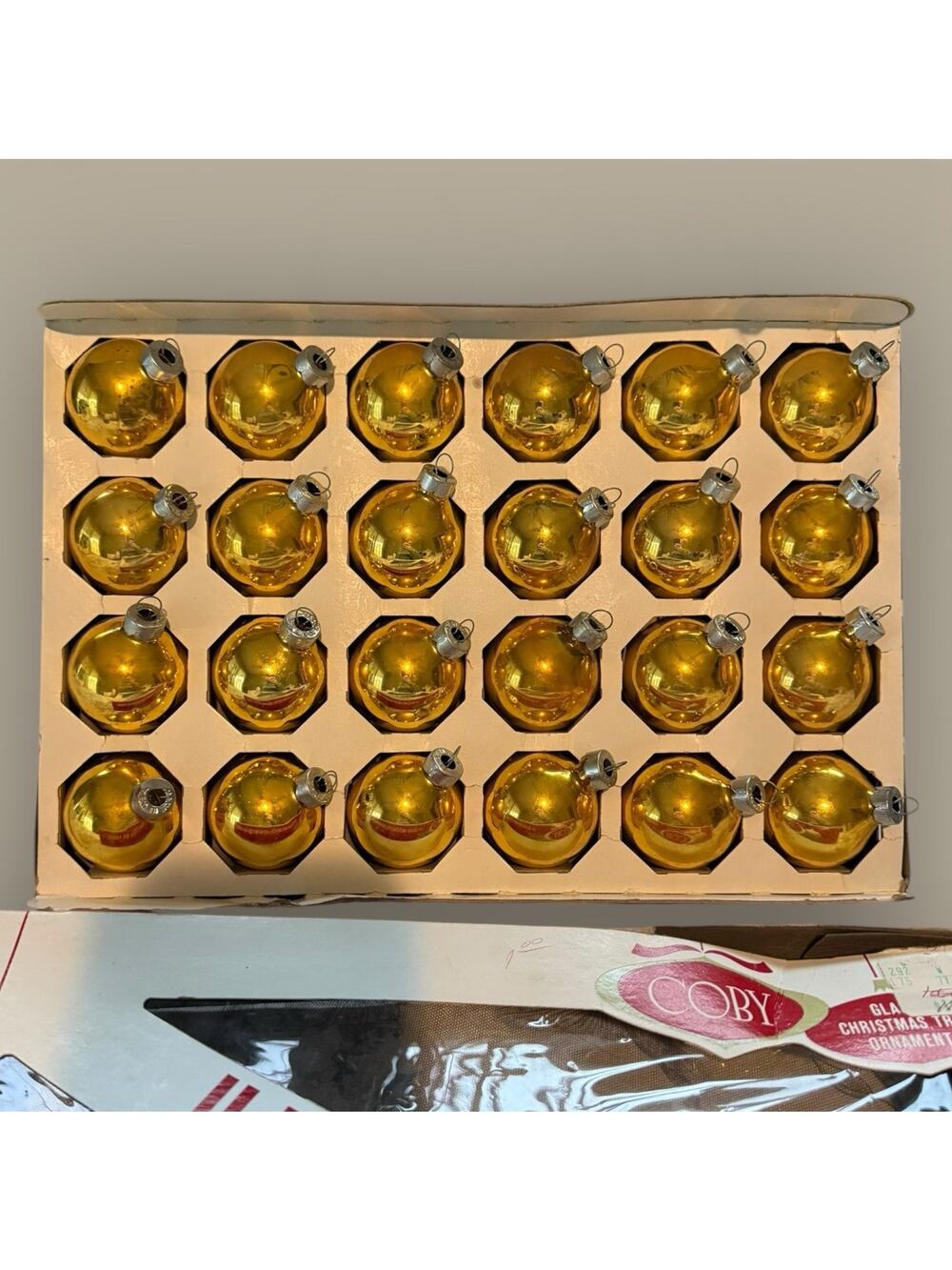 VTG Christmas Ornaments Original Box 60s Glass Coby USA Gold Lot 24 Metal Cap